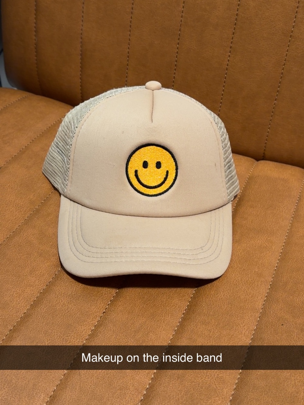 Neutral Beige Smiley Trucker Hat - Women's Accessory